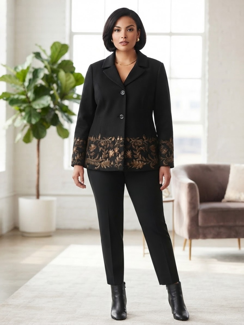 dennis basso Black Ankle Pants with Black Jacket and Gold Embroidered Hem